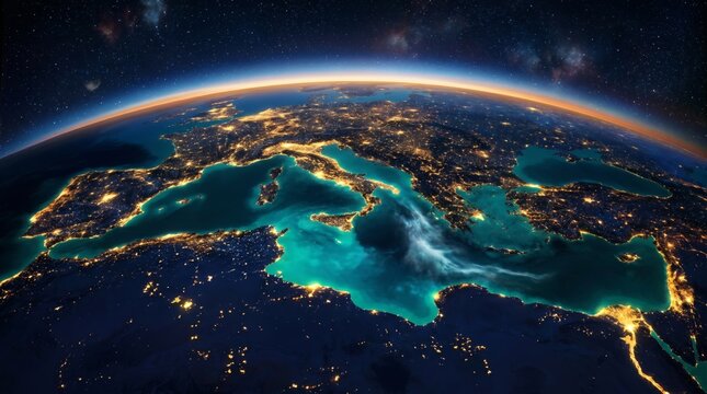 A stunning view of the earth from space showing europe africa and asia at night with city lights shining brightly against the dark ocean and stars