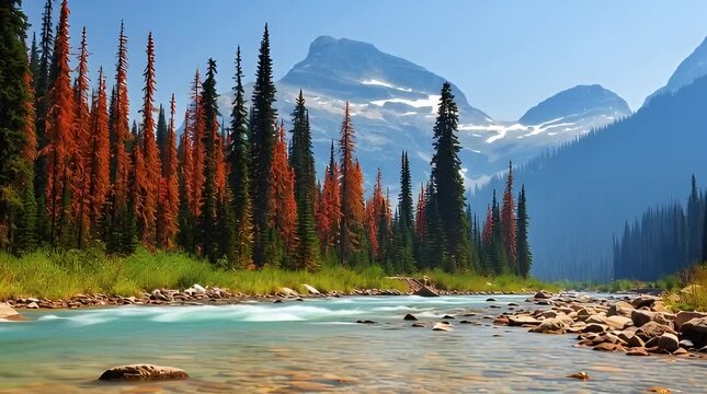 Majestic mountain landscape with a rushing turquoise river flowing through a vibrant evergreen forest under a clear blue sky perfect for travel and outdoor adventure themes