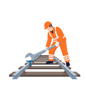 Railway worker using wrench on train tracks in safety gear vector illustration