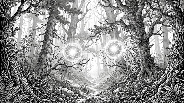 Mystical Forest Scene with Glowing Orbs and Ancient Trees in Black and White