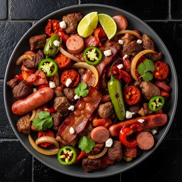 Professional Close-Up Overhead Photograph of Authentic Mexican Discada - Traditional Plow Disc BBQ Meat Medley - Dark Black and Brown Matte Stone Tile Background - 8K Stock Photo