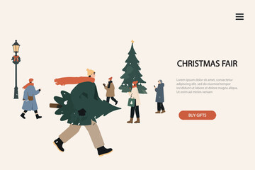 Fototapeta premium People doing shopping and buying presents and gifts on a christmas market or fair. Christmas or new year preparation theme banner, flyer, poster or landing page with happy smiling men and a woman