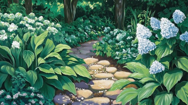 Sunlit garden path lined with hydrangeas and hostas