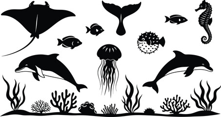 Ocean silhouette a collection of marine life in black and white © Jobax