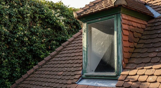 Weathered green framed attic window set within a tiled roof and lush greenery
