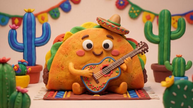 A cute clay taco character wearing a sombrero plays a guitar surrounded by clay cacti and festive decorations