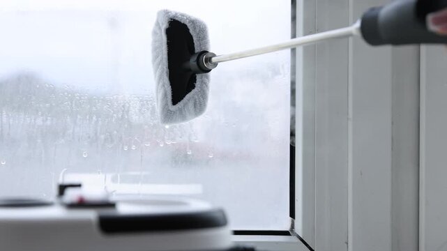 Woman cleaning window with steam cleaner at home, closeup. Camera moving right
