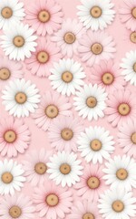 Fototapeta premium Pink and white daisies bloom softly against a gentle pink background.