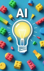 Naklejka premium AI light bulb surrounded by colorful building blocks symbolizing