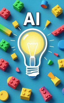 AI light bulb surrounded by colorful building blocks symbolizing