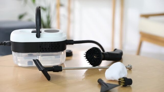 Steam cleaner and its parts on wooden table indoors, closeup. Camera moving left
