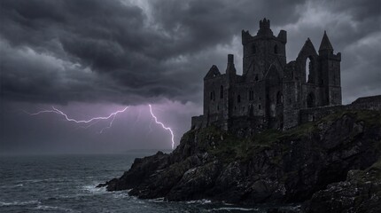 Naklejka premium Dramatic castle ruin on a cliff with lightning in the sky. The imposing medieval structure stands against a stormy sky, with a sense of history and mystery.