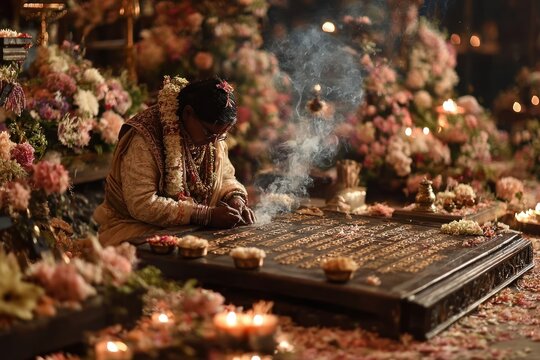 Pandit performing puja with flowers and incense near sacred scriptures during Vyas Purnima celebration