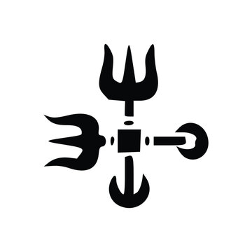 A black silhouette of a trident symbol, representing the Hindu deity Shiva, against a white background.