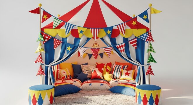 A Joyful Circus Big Top Play Tent Filled With Colorful Cushions and Festive Banners For Children's Indoor Fun