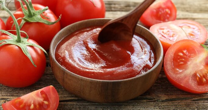 Taking delicious ketchup from bowl and tomatoes at wooden table, closeup
