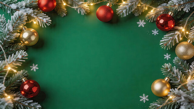 Green Christmas background with Christmas elements including frosted pine needles. Christmas Background, Christmas, Christmas Tree, Merry Christmas, Christmas Wallpaper