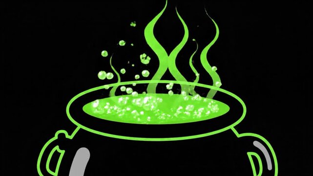 Mysterious bubbling green potion in a dark, classic cauldron, emanating vibrant steam and an eerie glow, perfect for themes of alchemy, magic, science, and enchanting fantasy designs