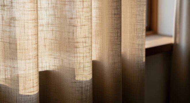 Close up of a beige linen blend curtain with a slightly slubby texture and subtle woven pattern, illuminated by soft natural light.