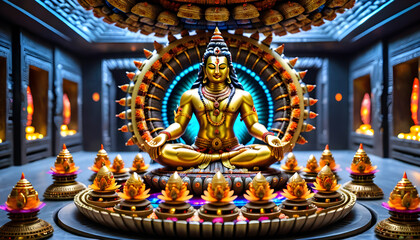 Obraz premium Golden Deity Statue in Sacred Temple Interior with Lotus Offerings