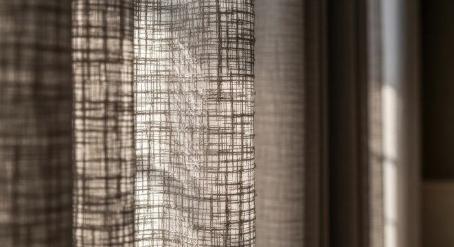Close-up of textured slub silk curtain with irregular threads and subtle grid pattern, highlighting natural fabric detail.