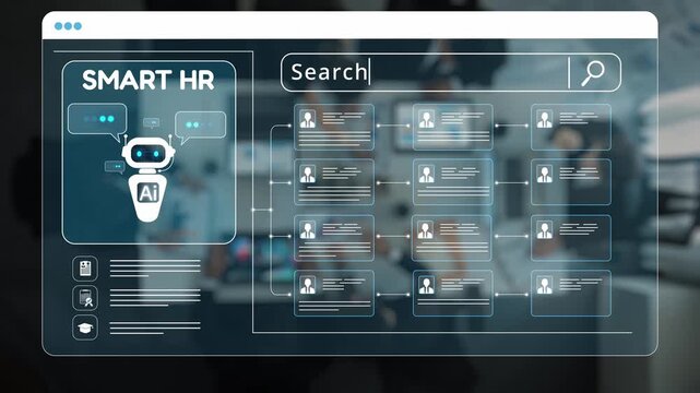 Futuristic smart HR technology showcasing an AI interface tailored for recruitment and employee management. Enhance workplace efficiency through innovative solutions. Raster