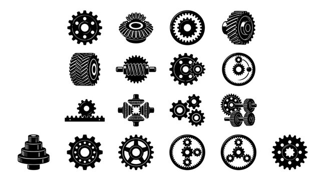 Collection of mechanical gears and cogs in black
