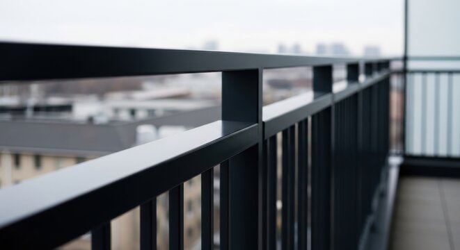 Sleek modern anodized aluminum balcony railing with an urban cityscape view