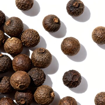 Dried Juniper Berries and Peppercorns Scattered on White Background
