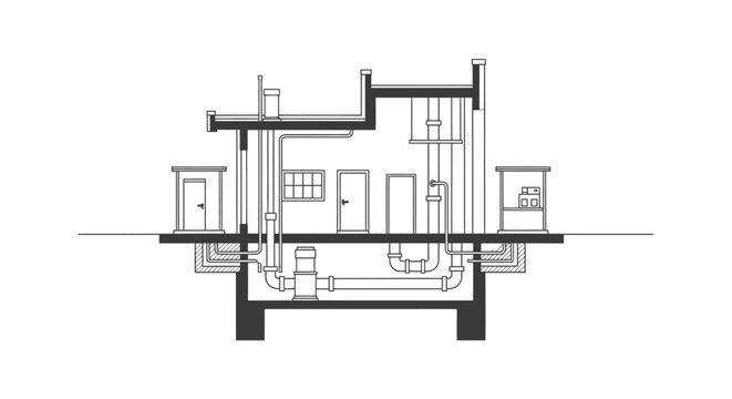 Residential House Plumbing and Drainage System Cross-Section Technical Diagram