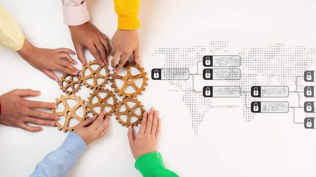 Hands of diverse individuals come together to arrange wooden gears, representing collaboration in strategy while featuring digital security elements and world map graphics. Raster