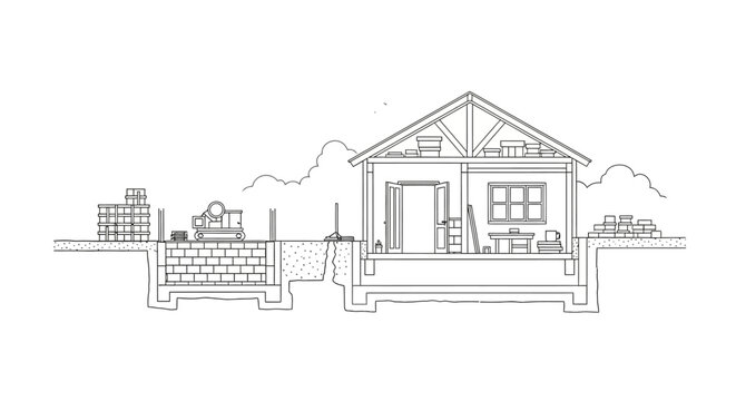 House Construction Cross-Section Line Art Illustration for Architectural Design and Home Building Concepts