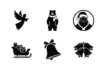 Fototapeta premium Christmas winter seasonal holiday flat design black silhouettes collection set of angel bear santa claus sleigh bells.