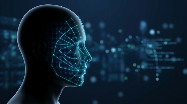 Futuristic digital head with glowing blue facial recognition grid overlay and blurred city lights background