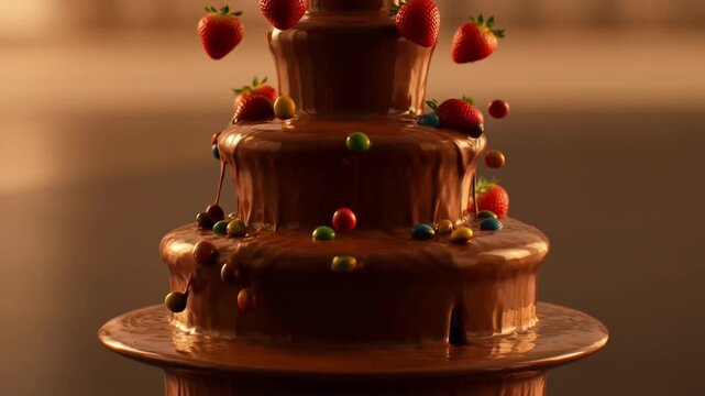 Luxurious slow-motion footage of rich chocolate fountains flowing smoothly, paired with fresh strawberries and colorful candies falling gently