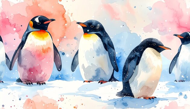 水彩ペンギンパステル背景繰り返し柄