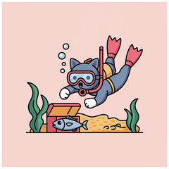 Cat in scuba gear underwater swimming. © bay