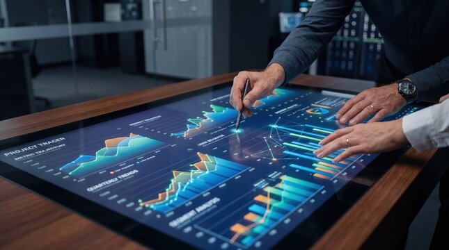 Close-up of hands using a stylus on a large interactive touchscreen table displaying complex data analytics and financial charts, digital dashboard interface for business