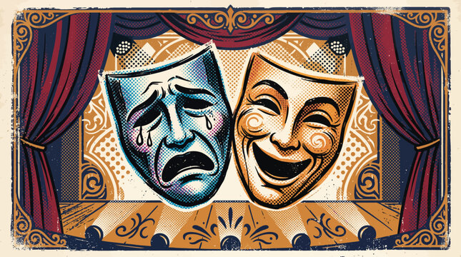 Iconic comedy and tragedy theater masks on stage.