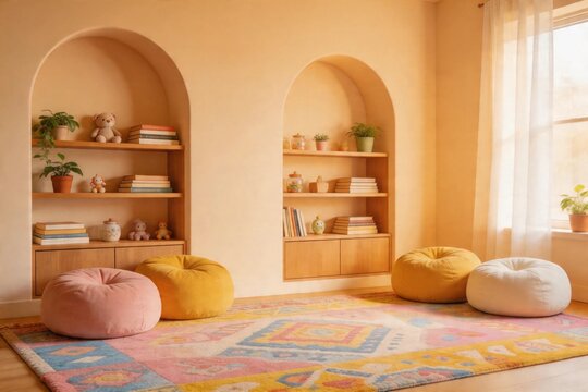 Softly lit room with playful, cozy furniture.