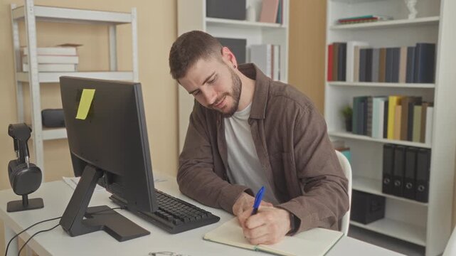 Young hispanic man typing on a computer while holding a pen and writing in a notebook at a desk inside a building office; concentration.