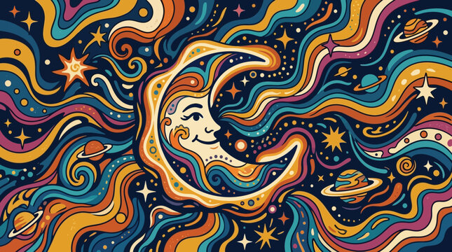 Vibrant colorful crescent moon face smiling.