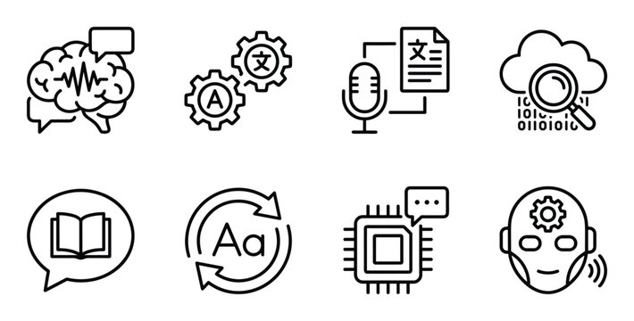 Artificial intelligence and machine learning icons brain gears voice translation cloud search.