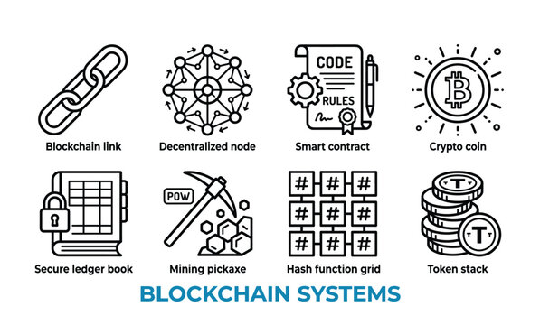 Blockchain systems explained with icons connecting digital assets and decentralized network elements.