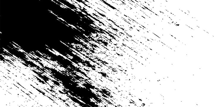 Abstract black ink splat design with a dark grunge texture and liquid paint splatter stains on an old dirty white background illustration
