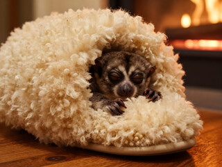 Fototapeta premium Cozy lemur nestled inside a fluffy slipper