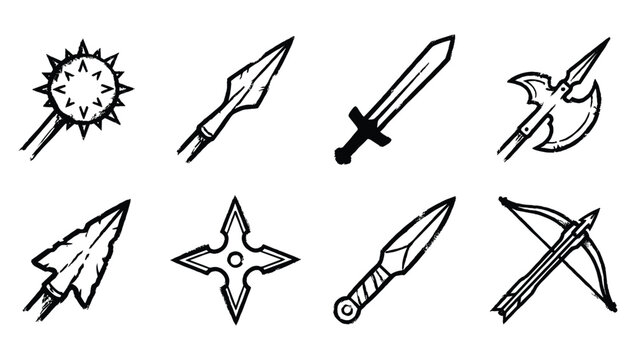 Collection of medieval weapons and tools for fantasy games or historical illustrations simple outline vector drawings.