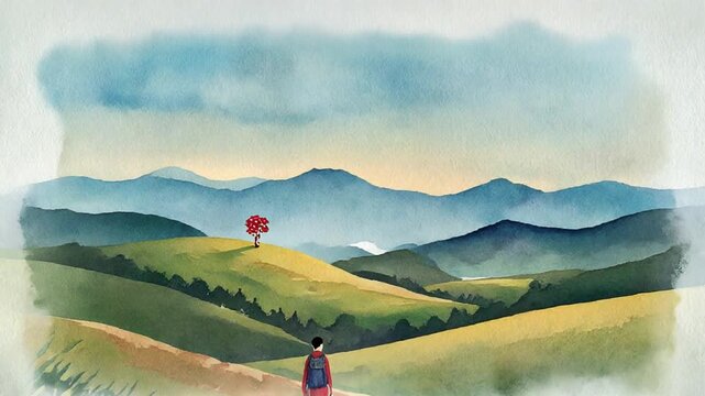Rolling hills landscape with lone traveler under vast sky watercolor painting illustration