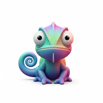 Adorable 3D Cartoon Rainbow Chameleon Character with Big Eyes, Cute Reptile Pet