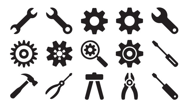 Set of engineering tools, spanner, wrench, gear and other instruments, black flat vector icons.